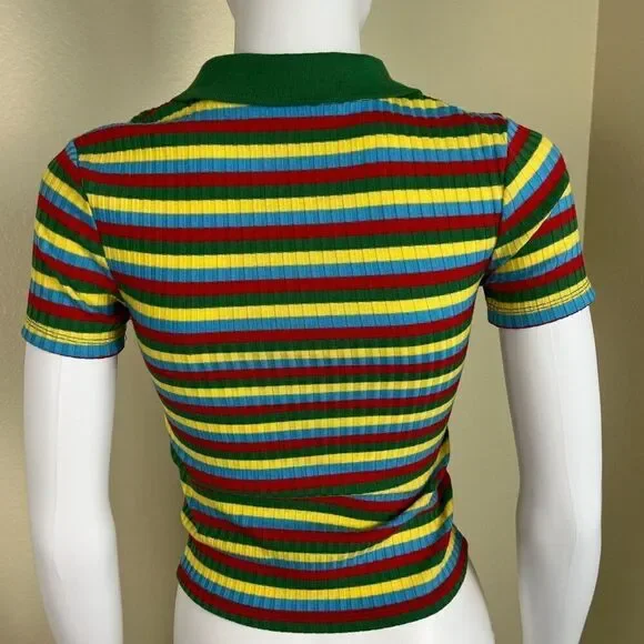 Zara Women's Size S Colorful Striped Ribbed Collard Pullover Short Sleeve Top - Picture 9 of 11